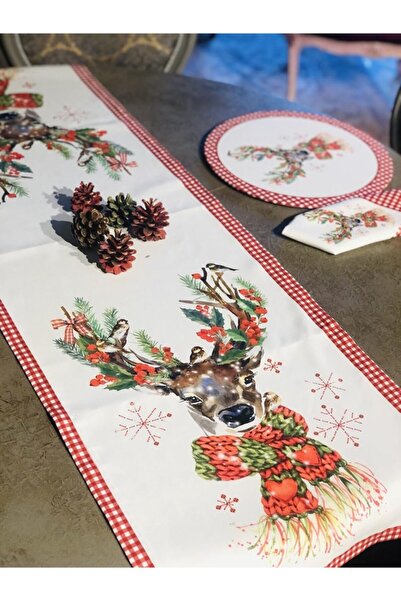 HAZE DESİGN LAB Yılbaşı Kırmızı Ekoseli Geyikli Amerikan Servis/supla Kılıfı