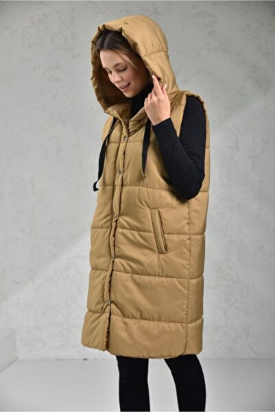 VOLT CLOTHİNG Γυναικείο φανελάκι με κουκούλα καφέ γάλακτος με τσέπες