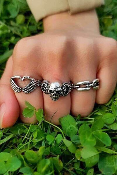 TREND COLLECTİON Unisex Gümüş Kaplama Ayarlanabilir Yüzük Set