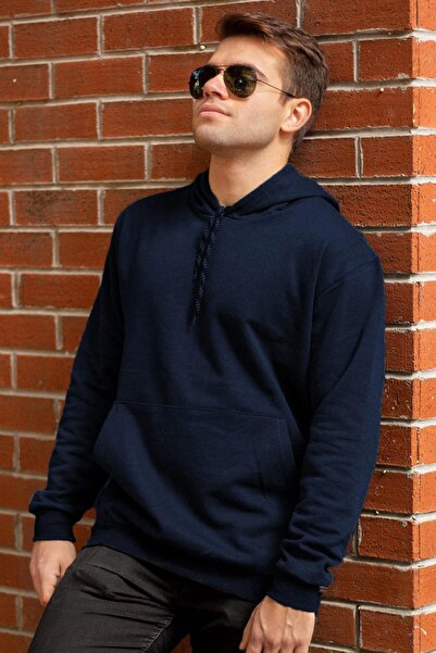 Azıcık Akıllı Erkek Lacivert Düz Basic Kapüşonlu Cepli Oversize Sweatshirt 21eswt1kng