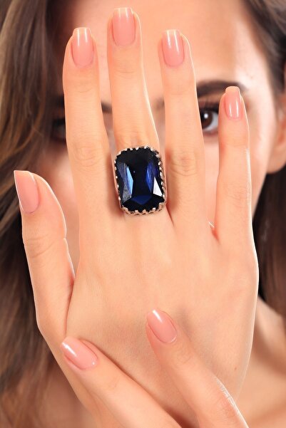 LABALABA Kadın Antik Gümüş Kaplama Lapis Renk Taş Detaylı Ayarlanabilir Dikdö...