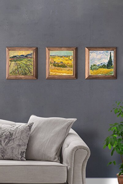 Oscar Stone Decor Masif (ahşap) Çerçeveli 3'lü Set Taş Tablo Pano 28x28 Buğda...