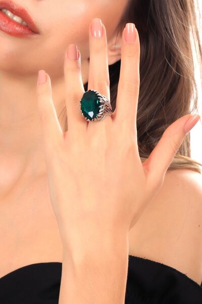 LABALABA Kadın Antik Gümüş Kaplama Yeşil Renk Taş Detaylı Ayarlanabilir Oval Formlu Tasarım Yüzük