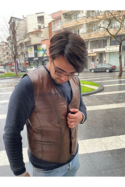 deri Kahverengi Kuşaklı Yelek