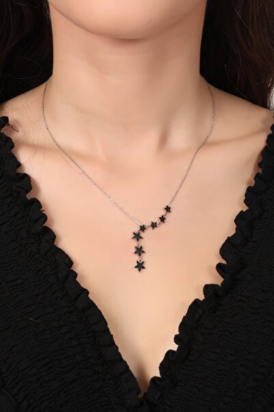 Bilsen Store 925 Ayar Gümüş Zincirli Siyah Taşlı Sıralı Yıldız Kolye