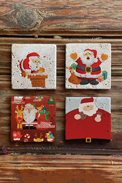 Oscar Stone Decor New Year/New Year Printed Natural Stone Coasters Set of 4 T...