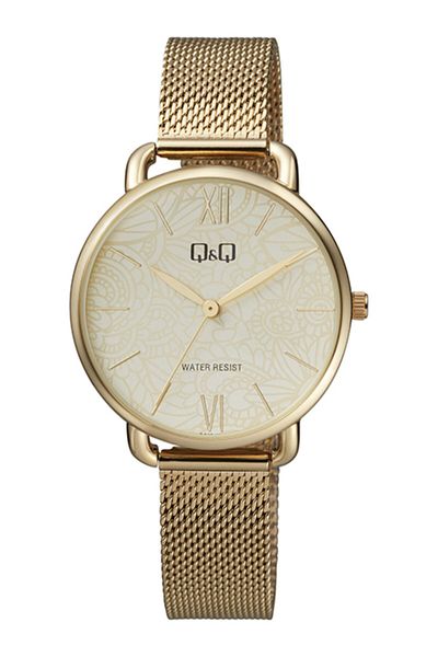 Q&Q Patterned Dial Straw Cord Ladies Wrist Watch Qc27 Gold-dore