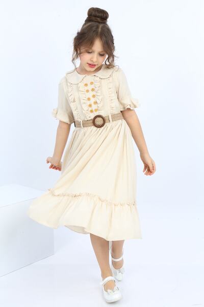 İ&K ŞIMARIK KİDS Girl's Belted Baby Collar Front Button Detailed Dress