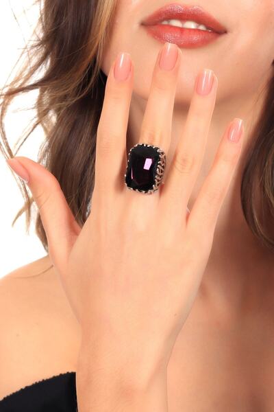 LABALABA Kadın Antik Gümüş Kaplama Mor Renk Taş Detaylı Ayarlanabilir Dikdört...