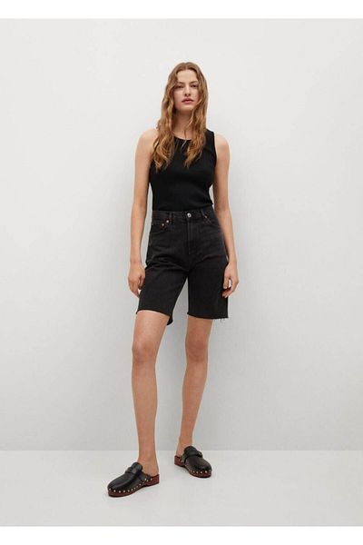 MANGO Woman Γυναικείο T-Shirt από βαμβακερό πλεκτό μαύρο με ραβδώσεις
