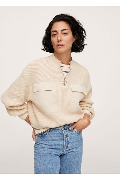 MANGO Woman Women's Beige Pocket Knitted Sweater