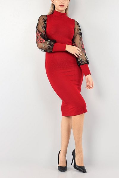 NKTCOLLECTİON Rochie de damă cu mâneci roșii brodate creion nou sezon tricotaje 90781