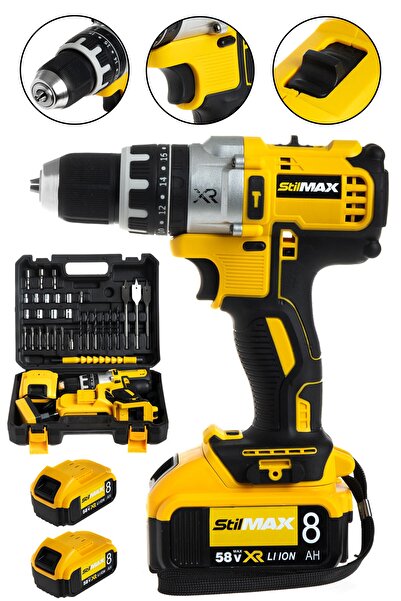 stilmax 58 V 8 Ah Çift Metal Şanzuman Çift Samsung Akülü Darbeli Şarjlı Matkap Vidalama + 30 Parça Usta Seti