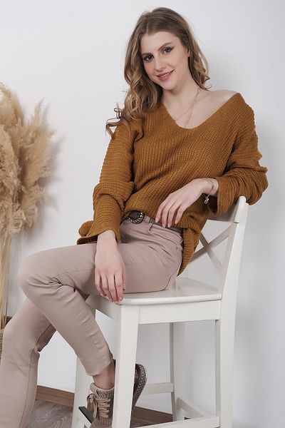 AVORWE Pulover de tricotaj cu decolteu în V, cu umăr în afara umărului