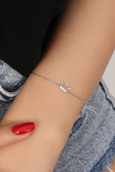 Bilsen Store 925 Ayar Gümüş Zincirli Beyaz Zirkon Taşlı Taç Bileklik