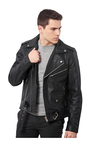 DESARO Erkek Siyah Kruvaze Hakiki Deri Mont