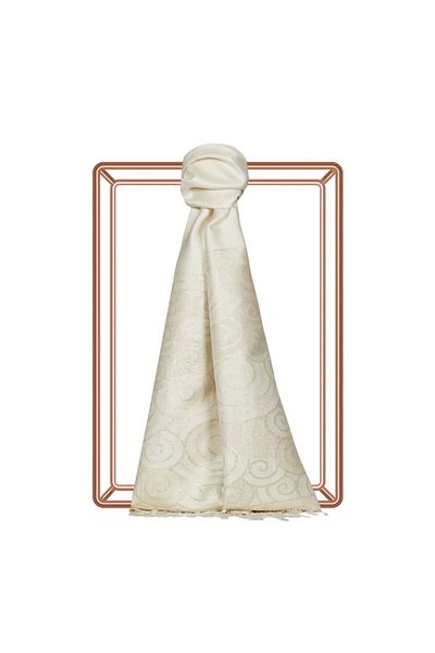 ipekevi Cream Glitter Spiral Patterned Silk Shawl