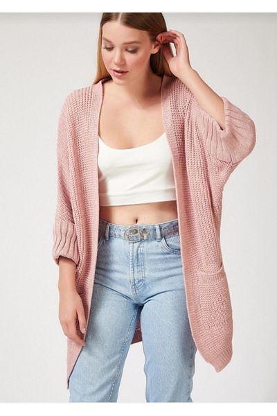 Happiness İstanbul Cardigan de damă din tricot cu buzunar lung, supradimensionat, roz AS00003