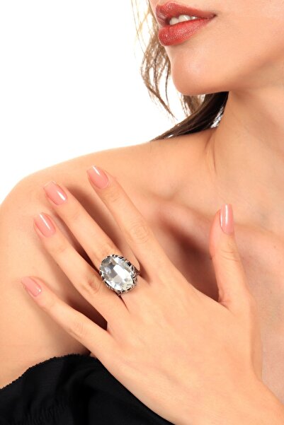 LABALABA Kadın Antik Gümüş Kaplama Beyaz Renk Taş Detaylı Ayarlanabilir Oval Formlu Tasarım Yüzük