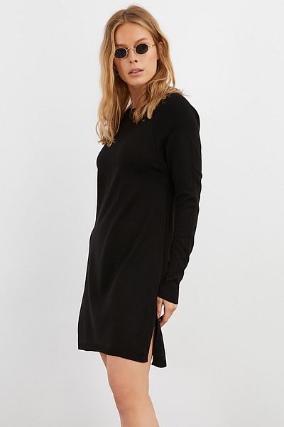 Cool & Sexy Rochie neagră de tricotaje cu două fante pentru femei YV77