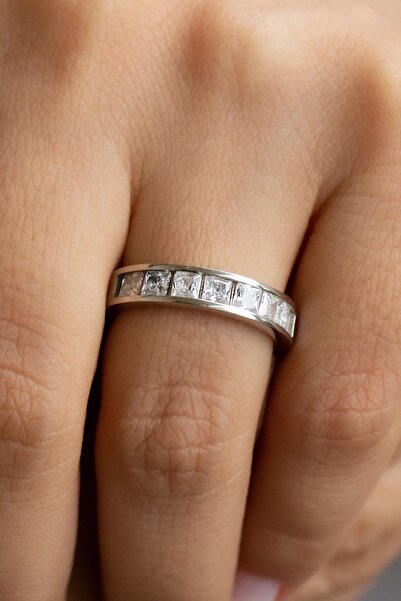 FSM ALYANS 925 Ayar Gümüş Kare Zirkon Taşlı Yarımtur Yüzük