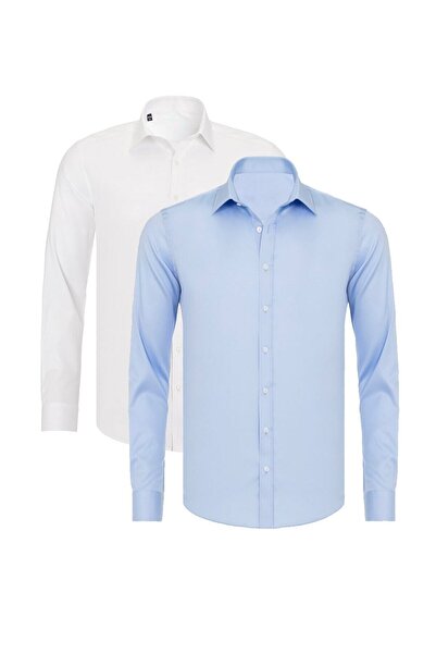 R-Germen Blue And White Matte Satin 2-Piece Slim Fit Shirt