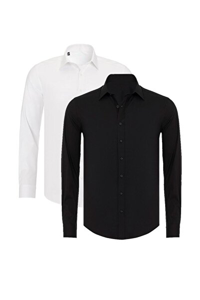 R-Germen Men's Black and White Matte Satin 2-Piece Slim Fit Shirt