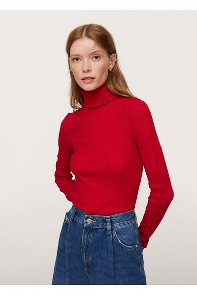 MANGO Woman Rotes, langärmliges, geripptes Damen-T-Shirt