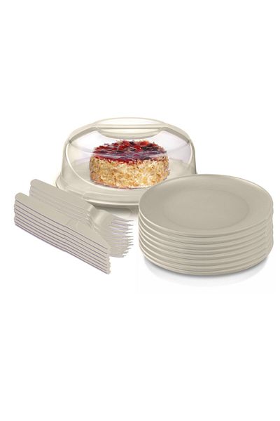 Melkan Home Cake Dish with Locking Lid 7 Liters Cake Plate Fork Knife Set of 8 Cream