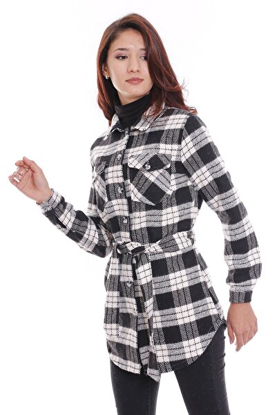 DISENTIS MODEST Black and White Plaid Lumberjack Belted Waist Jacket Shirt