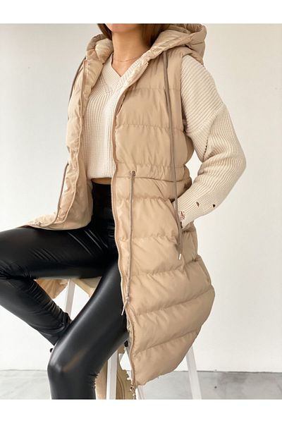 ladyzey Women's Hooded Long Puffer Vest with Side Pockets and Gathered Waist