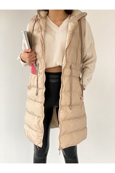 ladyzey Women's Hooded Long Puffer Vest with Side Pockets and Gathered Waist