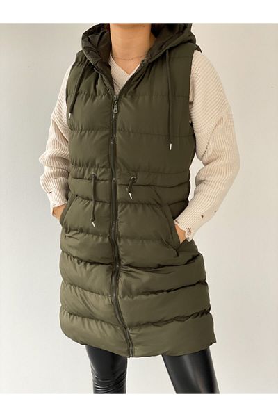 ladyzey Women's Hooded Long Puffer Vest with Side Pockets and Gathered Waist