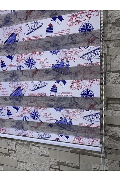 PERDECİNİZ Blue Color Ship Printed Zebra Curtain (Straight Hem Part)
