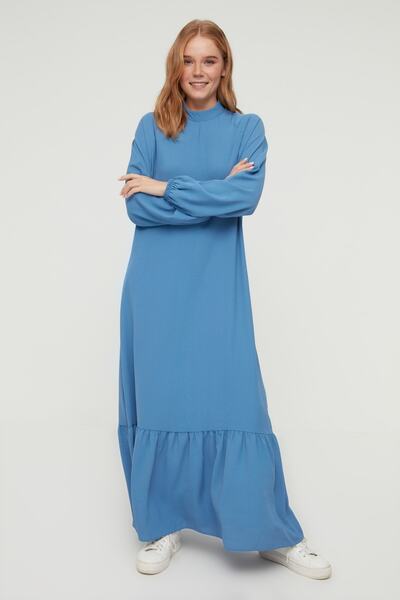 Trendyol Modest Indigo Stand γιακά μανίκι ελαστικό Aerobin υφασμένο φόρεμα TCTSS22EB0010