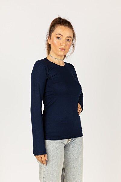 FATELLA Дамска велосипедна блуза с дълъг ръкав и обло деколте в тъмносин цвят