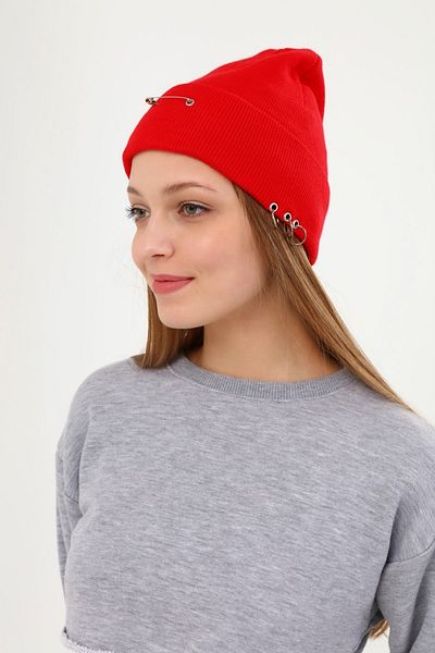 Güce Unisex Red Ring Piercing and Safety Pin Detailed Beanie Hat Gc019002