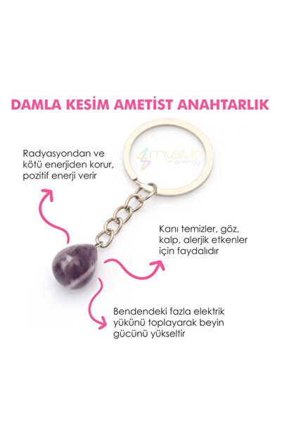 Mystic Energy Doğal Taş Ametist Taşı Damla Kesim Anahtarlık | Hediyelik Doğaltaş