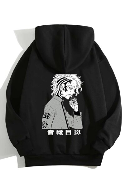 Deocept Hanorac negru cu imprimeu anime, unisex, cu glugă, buzunar cangur ove...