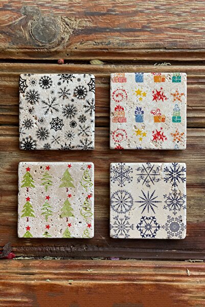 Oscar Stone Decor New Year/New Year Printed Natural Stone Coasters Set of 4