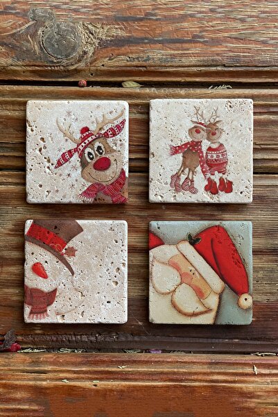 Oscar Stone Decor Yeni Yıl/yılbaşı Baskılı Doğal Taş Bardak Altlığı 4'lü Set ...
