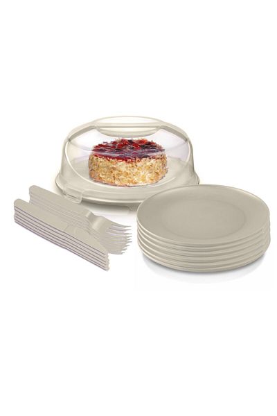 Melkan Home طبق الكيك وطبق الكيك مع غطاء قفل، طبق الكيك، 7 لتر، طبق الكيك، شوكة، سكين، مجموعة من 6 قطع كريمية