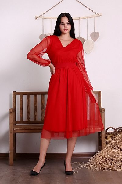 MACFLY Women's Red Belted Midi Length V-Neck Tulle Dress
