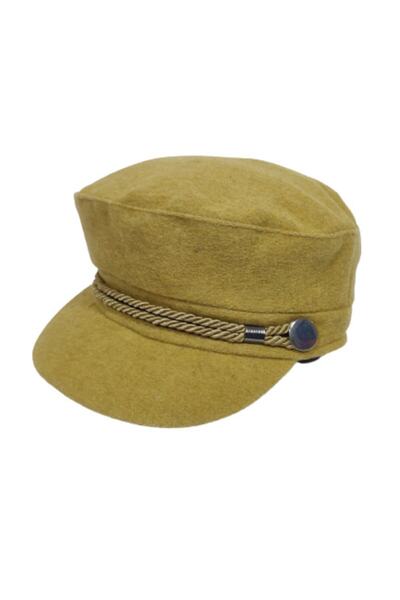 PAKER GİYİM Women's Mustard Color Stamped Sailor Type Rope Detailed Winter Captain Cap Hat