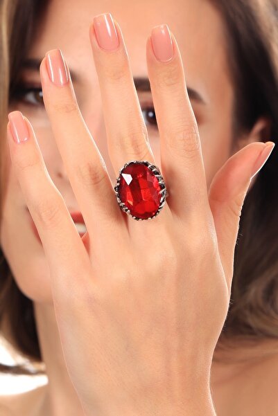 LABALABA Kadın Antik Gümüş Kaplama Kırmızı Renk Taş Detaylı Ayarlanabilir Oval Formlu Tasarım Yüzük