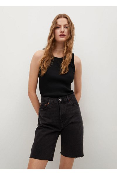MANGO Woman Γυναικείο T-Shirt από βαμβακερό πλεκτό μαύρο με ραβδώσεις
