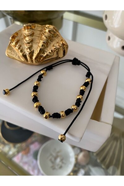 ŞekerAksesuar Gold Topçuk Detay Siyah Ip Bileklik