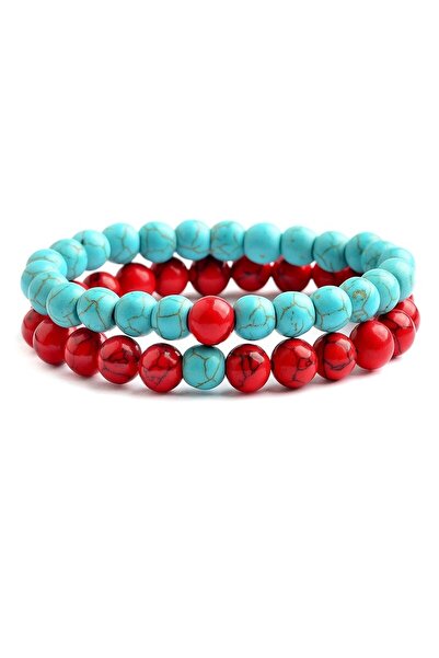Kusakli Turquoise-red Howlite Double Natural Stone Bracelet Set