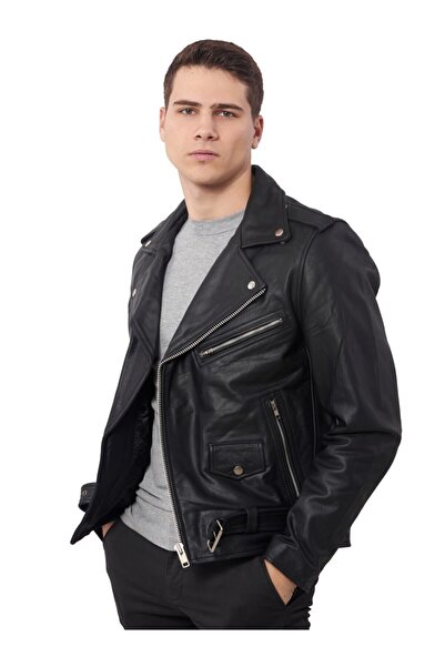 DESARO Erkek Siyah Kruvaze Hakiki Deri Mont