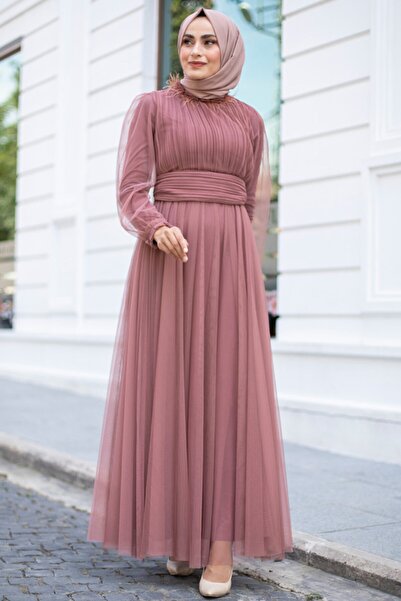 Feiza Collection Yakası Tüylü Tesettür Abiye Elbise  Kiremit